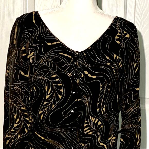 Maggie London Top Blouse Silk Black Tan V-Neck Long Sleeve Dressy Top Size 8 NEW - Picture 6 of 12